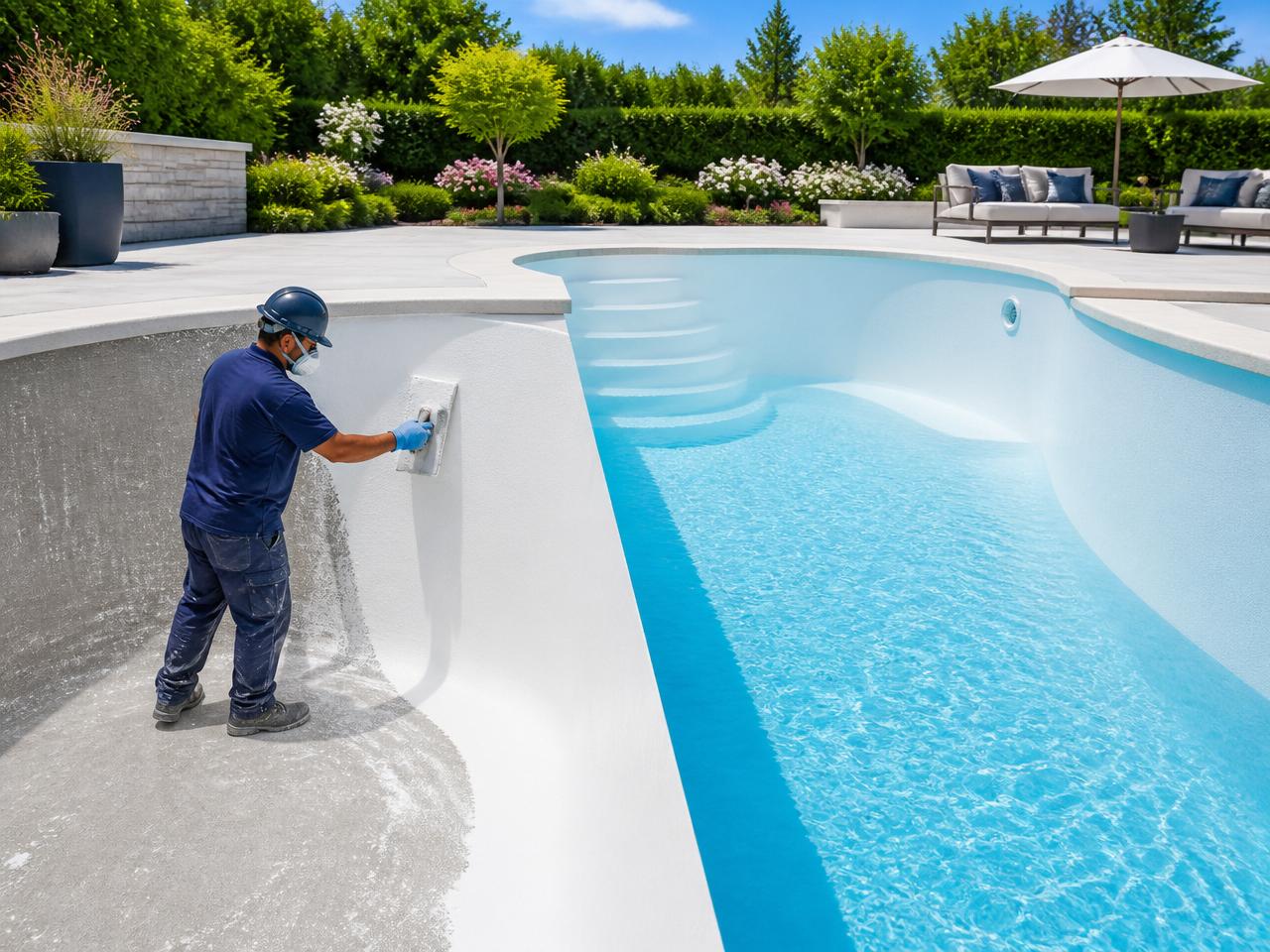 Pool plaster specialist applying smooth white plaster inside a freshly resurfaced residential pool