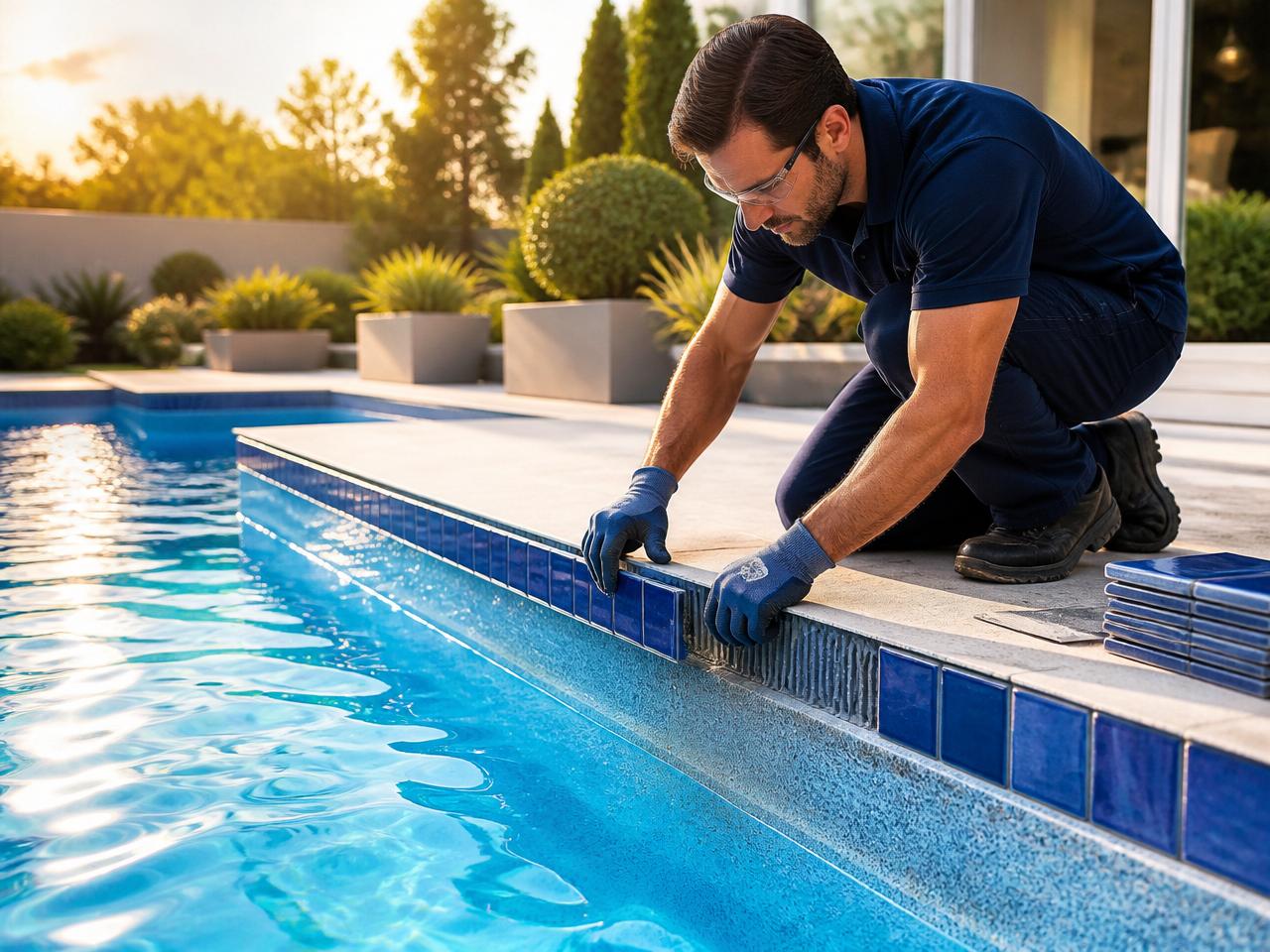 Pool restoration technician installing royal-blue waterline tile on a luxury residential in-ground pool